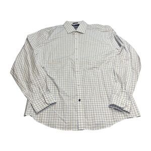 Tommy Hilfiger Dress Shirt Men's 16.5 Ivory Blue Plaid Slim Fit Formal Business
